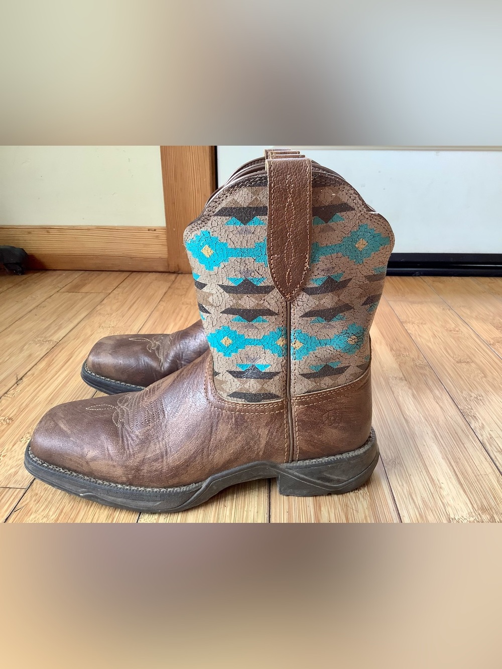 Ariat Brown Leather Work Boots with Turquoise Shaft Accents